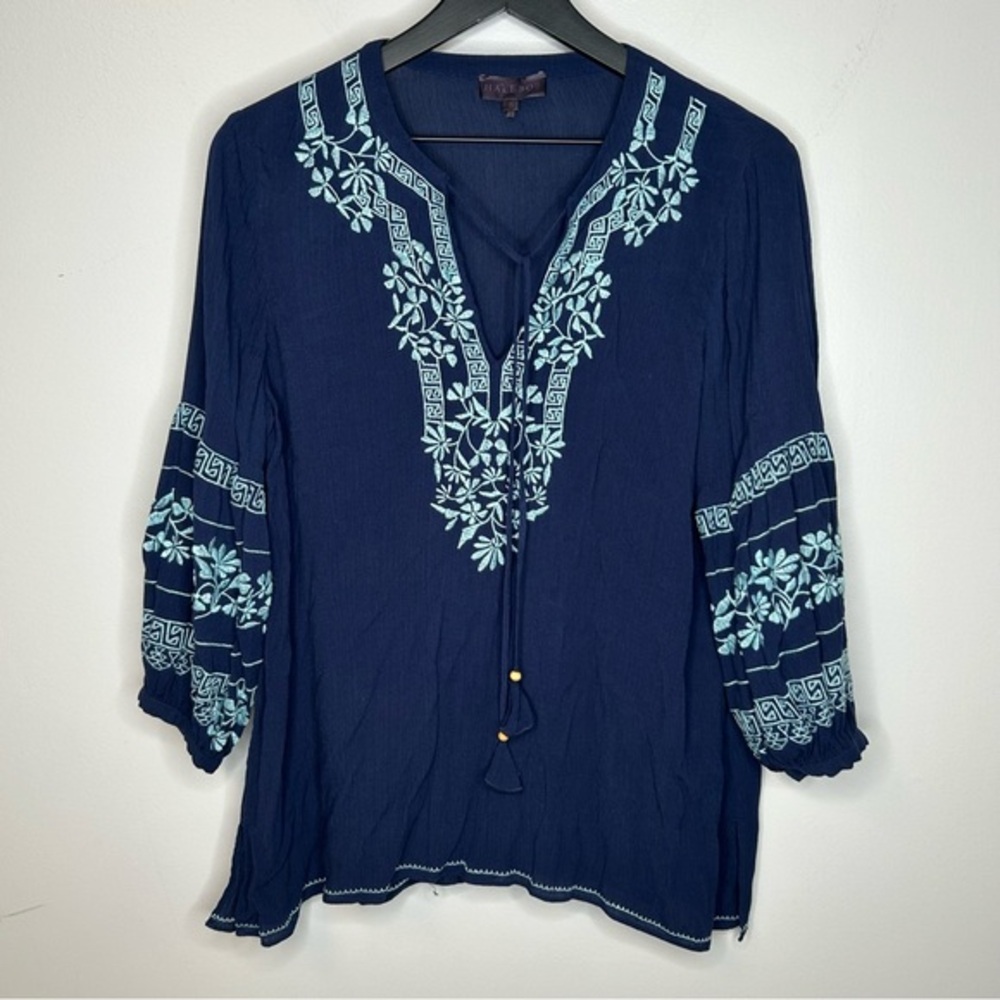 Hale Bob Blue Embroidered Tunic Top Size S